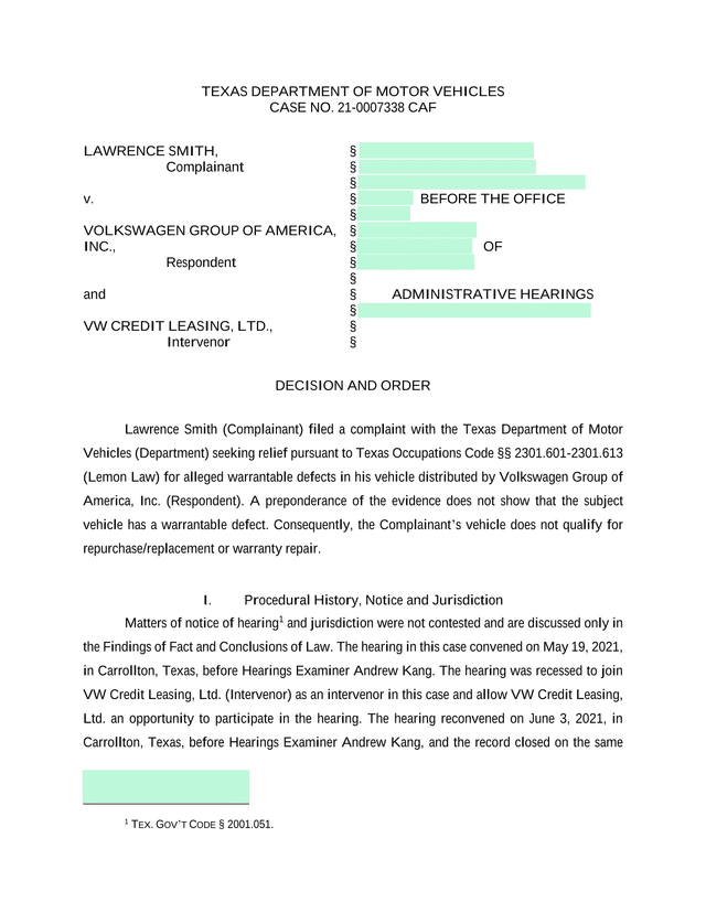 Texas Department Of Motor Vehicles Case No. 21 0007338 CAF screenshot