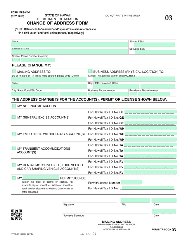 STATE OF HAWAII DEPARTMENT OF TAXATION CHANGE OF ADDRESS FORM screenshot