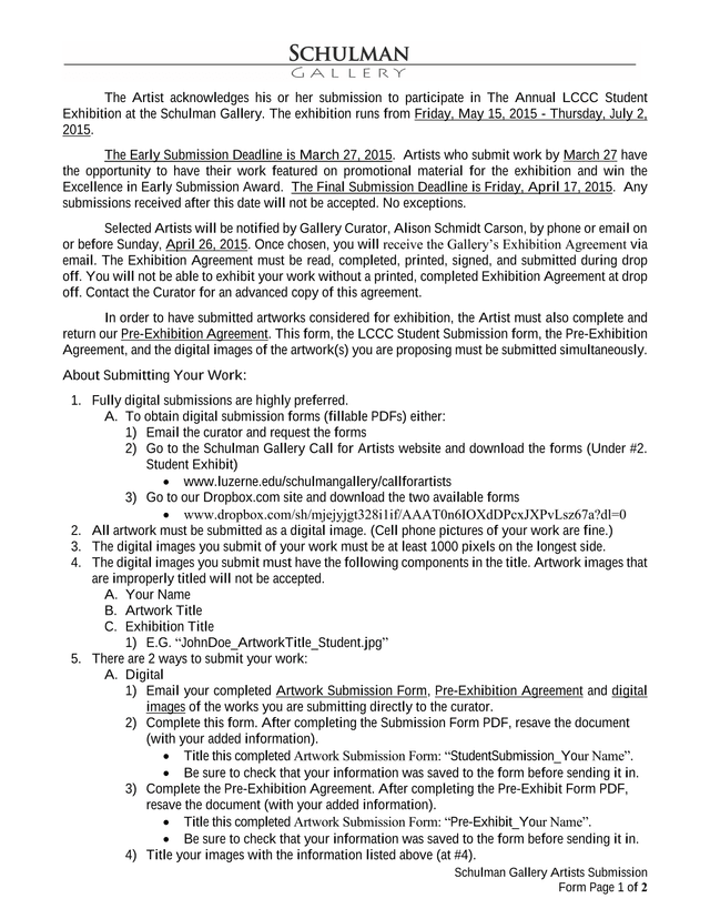 Schulman Gallery Artists Submission Form screenshot