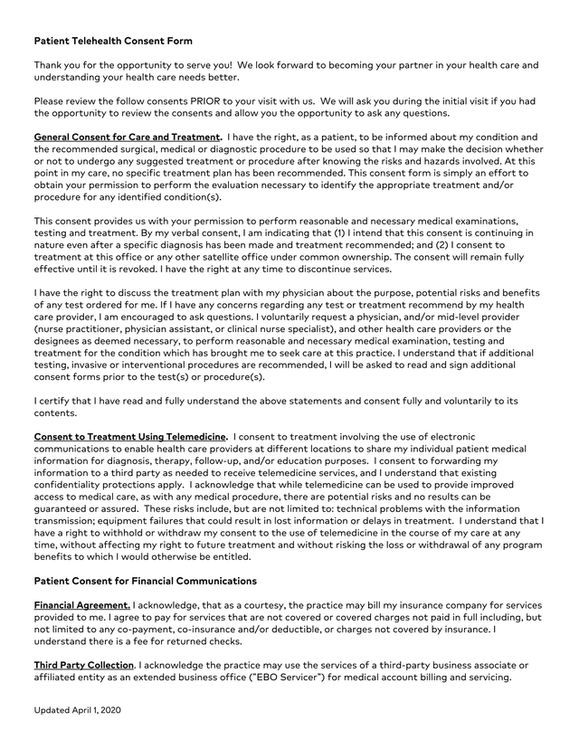 Patient Telehealth Consent Form screenshot
