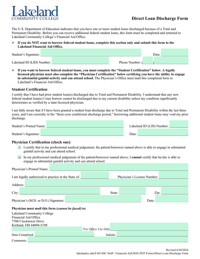 Direct Loan Discharge Form screenshot