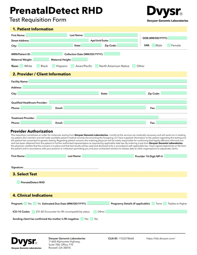 PrenatalDetect RHD Test Requisition Form screenshot