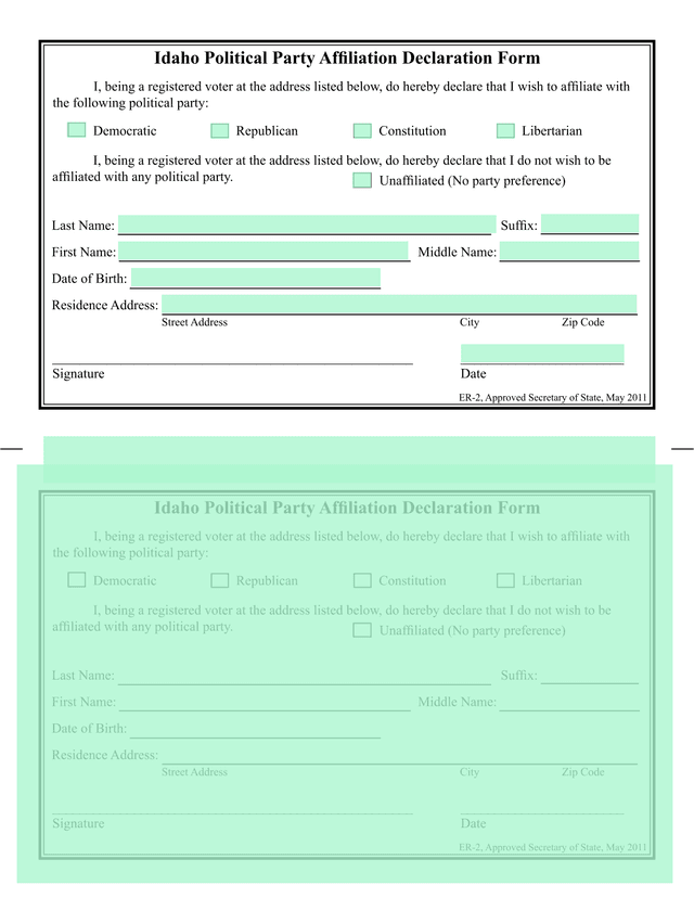 Idaho Political Party Affiliation Declaration Form screenshot