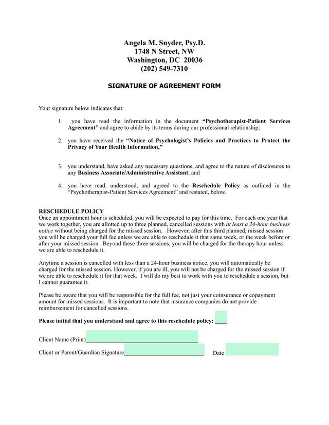 Signature Of Agreement Form screenshot