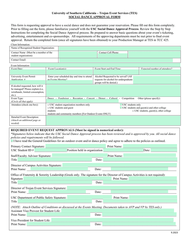 USC Social Dance Approval Form screenshot