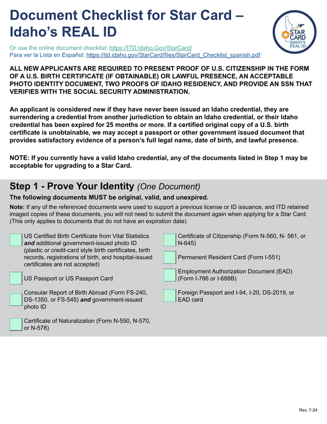 Document Checklist For Star Card  IdahoS REAL ID screenshot