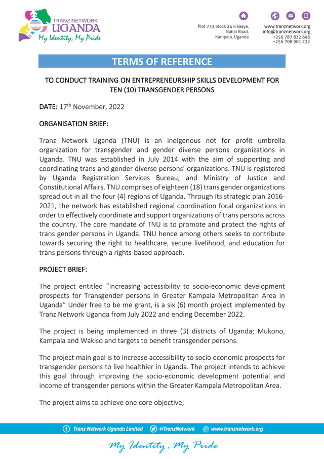 Terms Of Reference Training On Entrepreneurship Skills Development For Transgender Persons screenshot