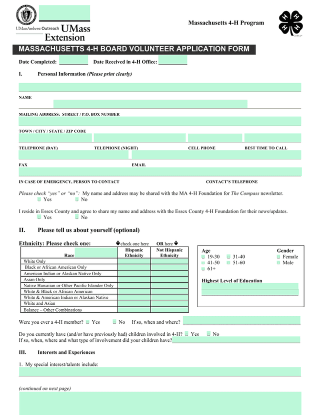 Massachusetts 4 H Board Volunteer Application Form screenshot