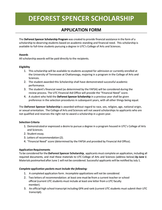 DEFOREST SPENCER SCHOLARSHIP APPLICATION FORM screenshot