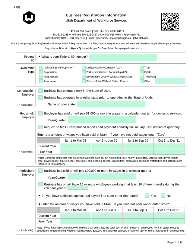 Utah Employer Registration Form screenshot