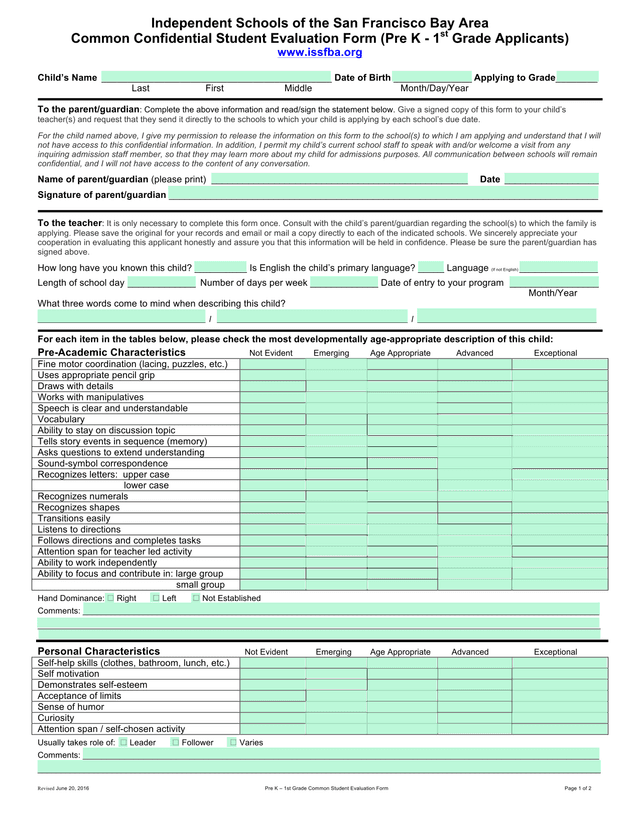 Pre K  1st Grade Common Student Evaluation Form screenshot