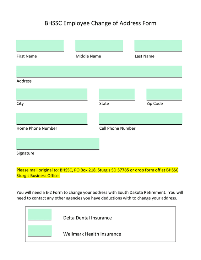 BHSSC Employee Change Of Address Form screenshot