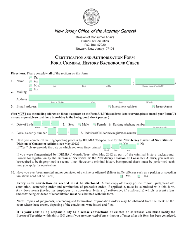 Certification And Authorization Form For A Criminal History Background Check screenshot