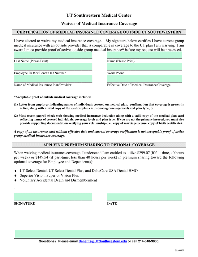 Waiver Of Medical Insurance Coverage screenshot