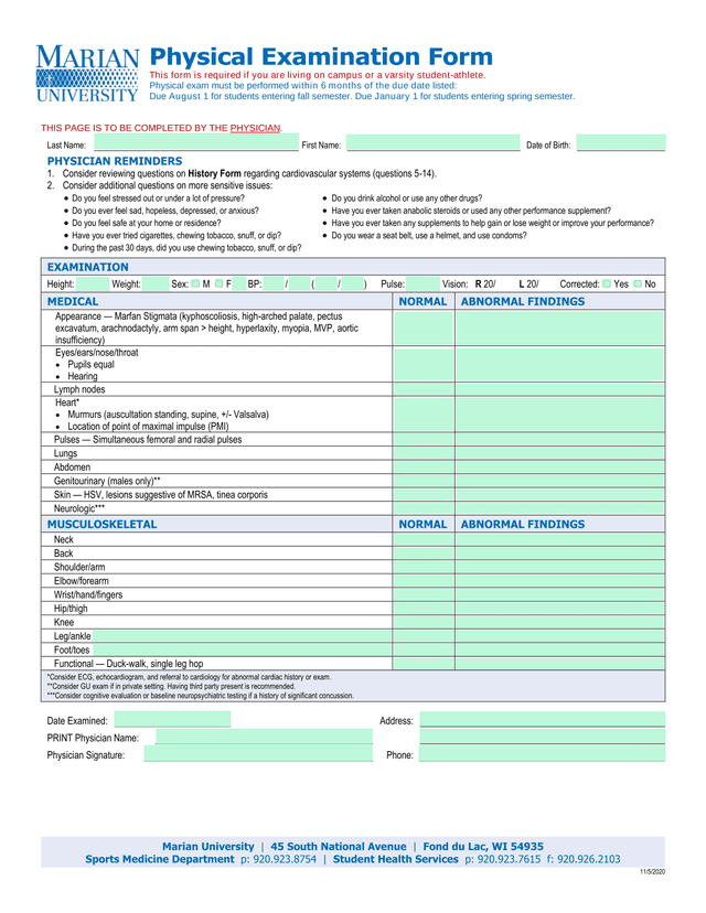 Physical Examination Form screenshot