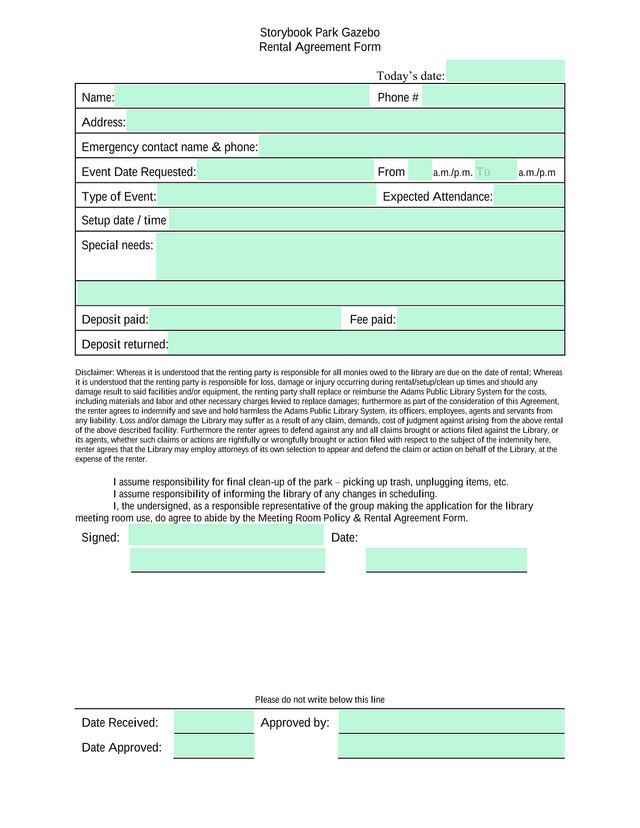 Storybook Park Gazebo Rental Agreement Form screenshot