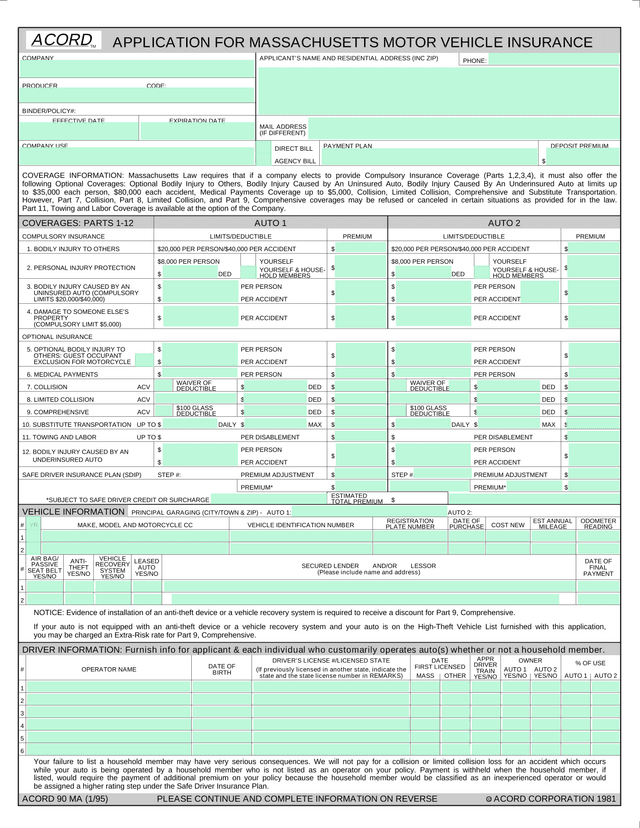 Massachusetts Motor Vehicle Insurance Application (ACORD 90 MA) screenshot