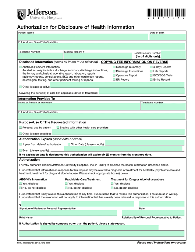 Authorization For Release Of Medical Information screenshot