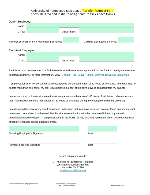 University Of Tennessee Sick Leave Transfer Request Form screenshot