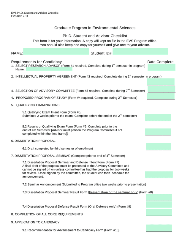 EVS Ph.D. Student And Advisor Checklist screenshot