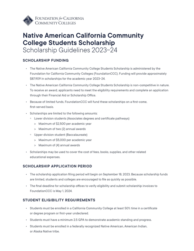 Native American California Community College Students Scholarship Guidelines 2023 24 screenshot