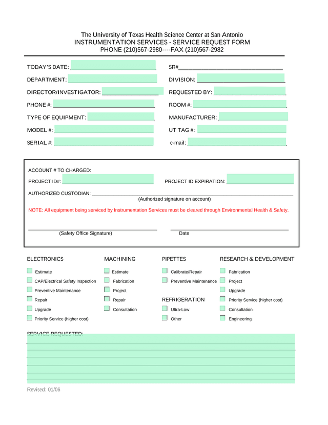 INSTRUMENTATION SERVICES   SERVICE REQUEST FORM screenshot