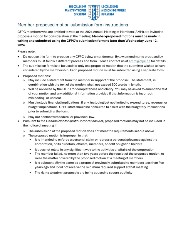 Member Proposed Motion Submission Form Instructions screenshot