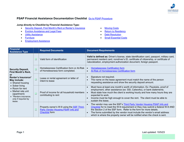 PSAP Financial Assistance Documentation Checklist screenshot
