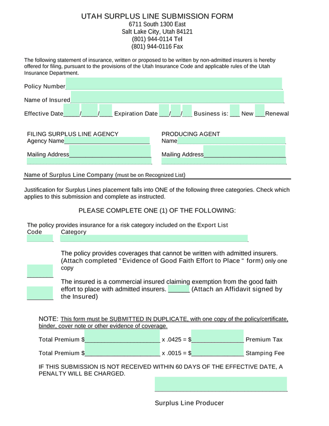 Utah Surplus Line Submission Form screenshot