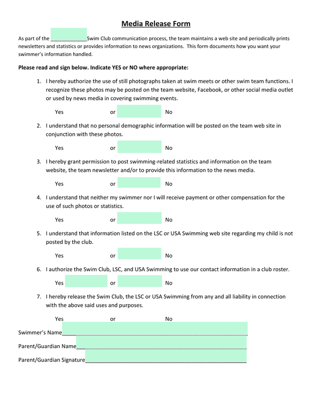 Media Release Form screenshot