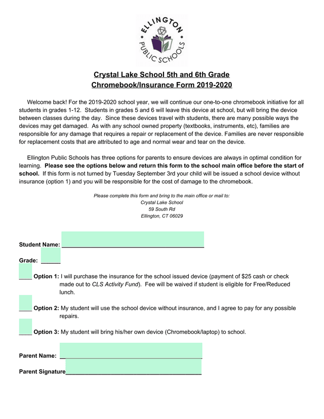 Crystal Lake School 5th And 6th Grade ChromebookInsurance Form 2019 2020 screenshot