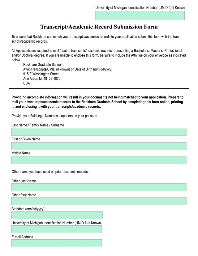 TranscriptAcademic Record Submission Form screenshot