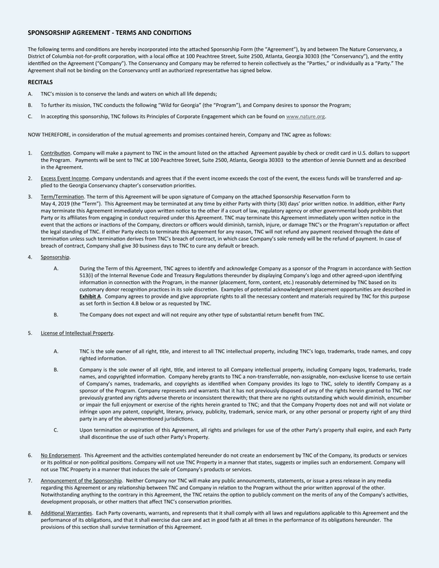SPONSORSHIP AGREEMENT   TERMS AND CONDITIONS screenshot