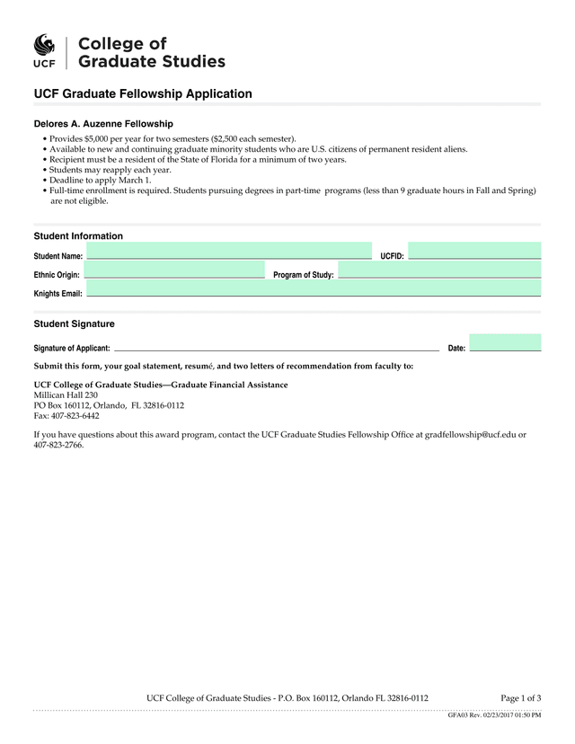 UCF Graduate Fellowship Application   Delores A. Auzenne Fellowship screenshot
