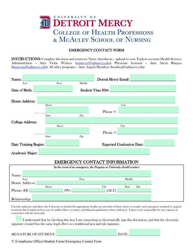 Emergency Contact Form screenshot