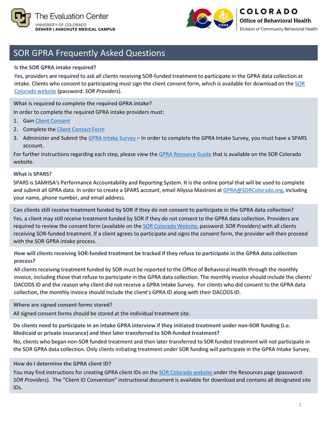 SOR GPRA Frequently Asked Questions screenshot