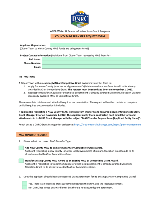 ARPA Water  Sewer Infrastructure Grant Program COUNTY MAG TRANSFER REQUEST FORM screenshot