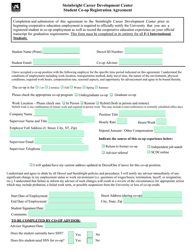 Student Co Op Registration Agreement screenshot