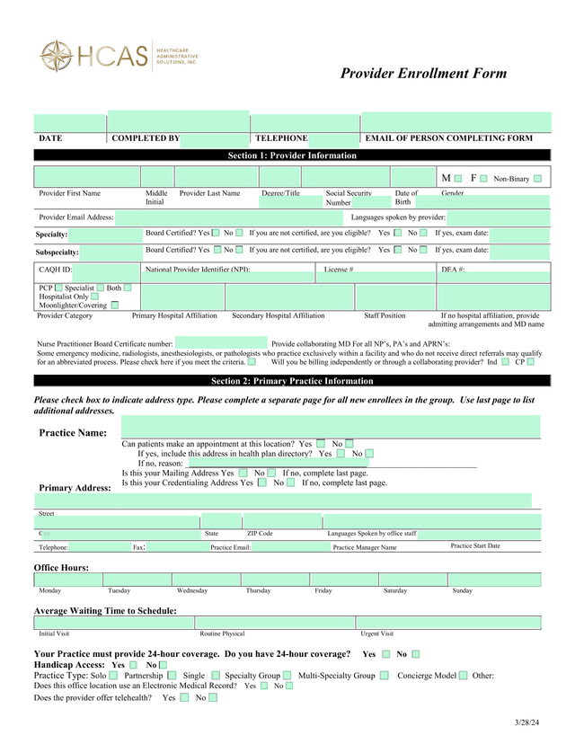 Provider Enrollment Form screenshot