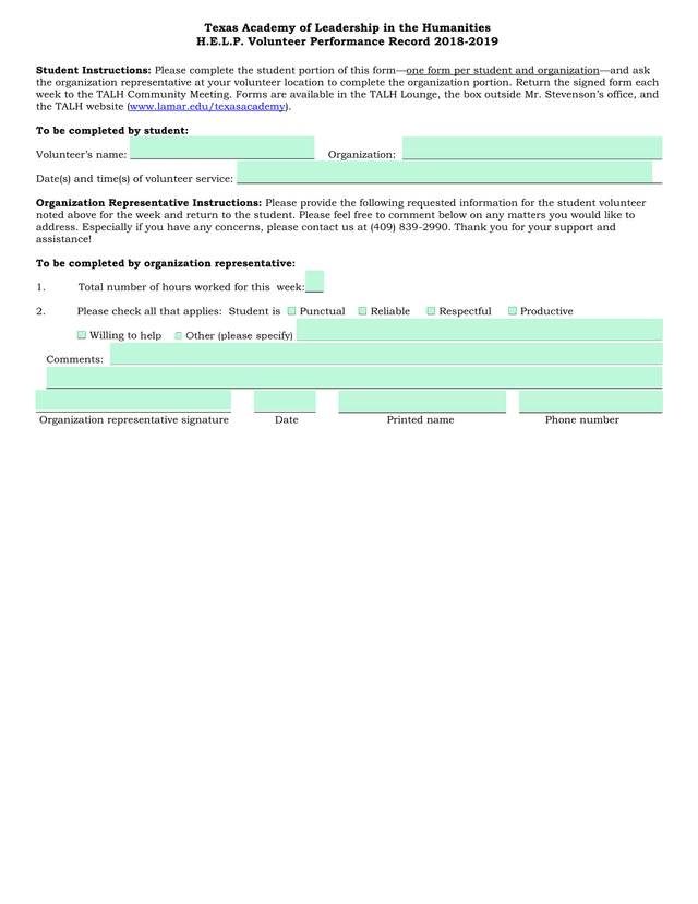 H.E.L.P. Volunteer Performance Record 2018 2019 screenshot