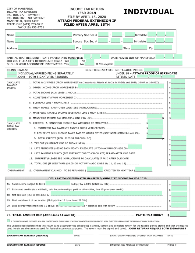 City Of Mansfield Income Tax Return screenshot