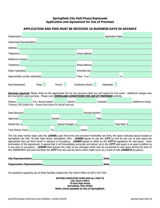 Springfield City HallPlazaEsplanade Application And Agreement For Use Of Premises screenshot