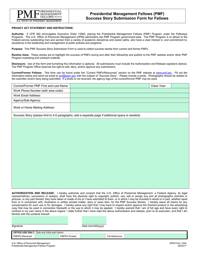 Presidential Management Fellows (PMF) Success Story Submission Form screenshot
