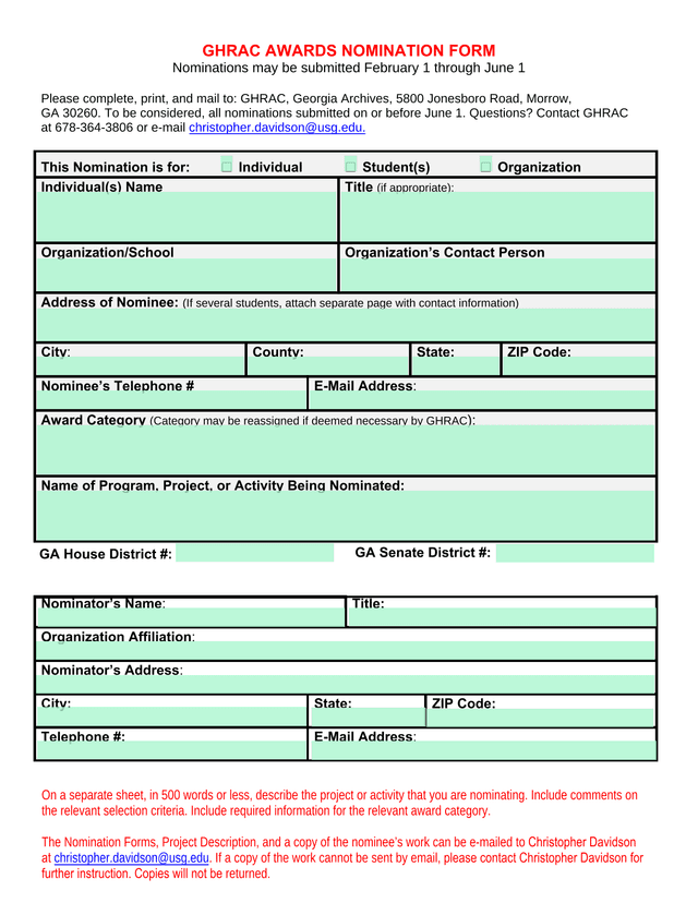 GHRAC Awards Nomination Form screenshot