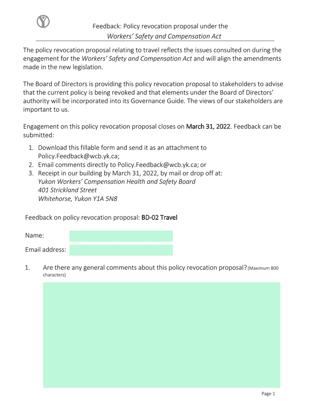 Feedback Policy Revocation Proposal Under The Workers Safety And Compensation Act screenshot
