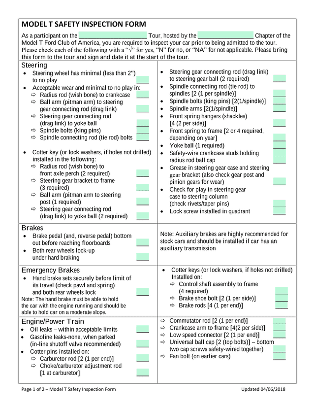 Model T Safety Inspection Form screenshot