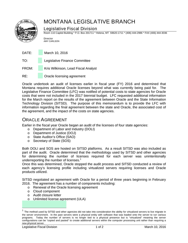 Oracle Licensing Agreement Memorandum screenshot