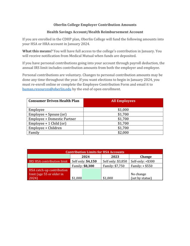 Oberlin College Employer Contribution Amounts Health Savings AccountHealth Reimbursement Account screenshot
