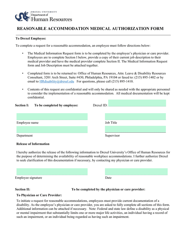 Reasonable Accommodation Medical Authorization Form screenshot