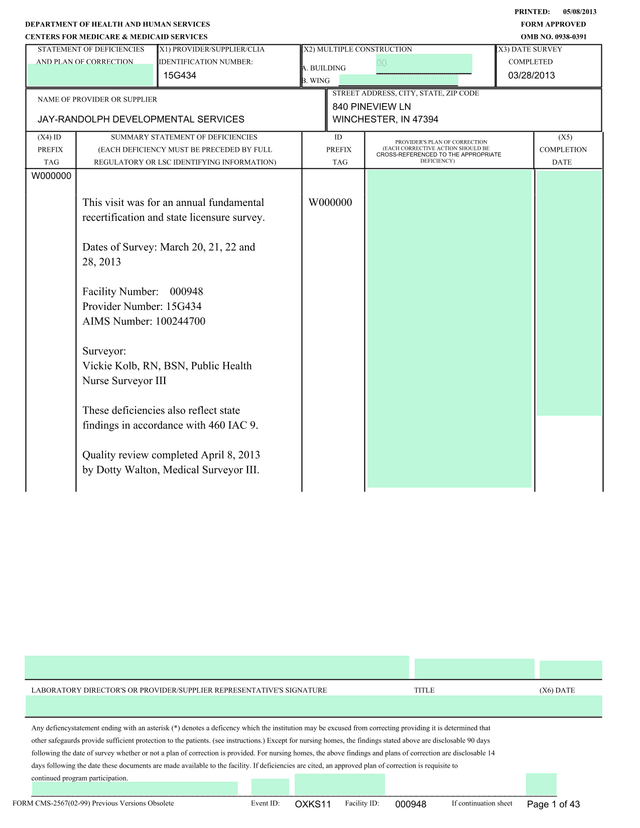 CMS 2567 Statement Of Deficiencies And Plan Of Correction screenshot